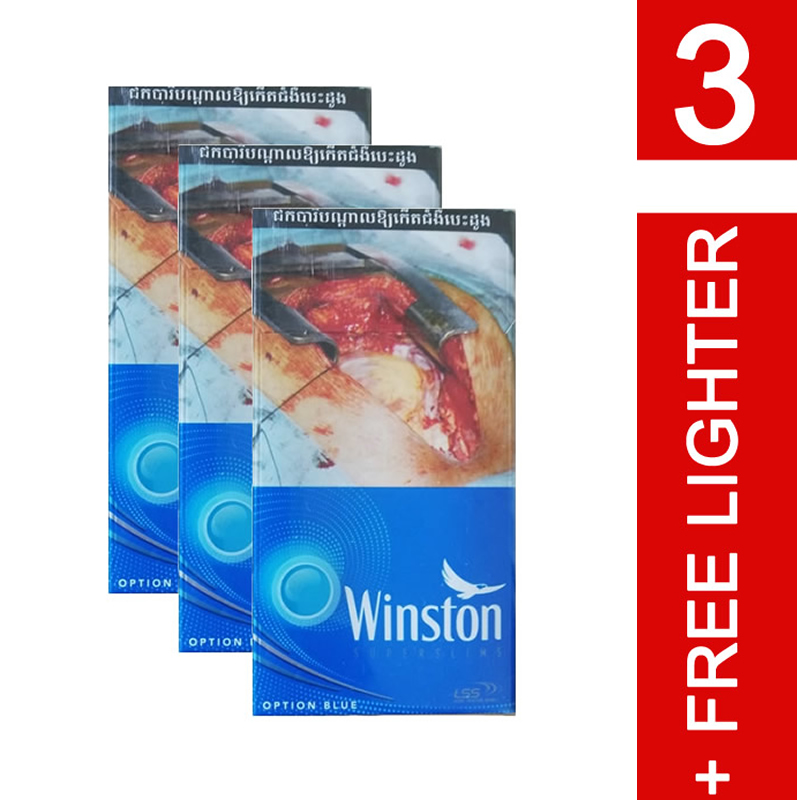 3 x Winston Option Blue Superslims + gratis Feuerzeug