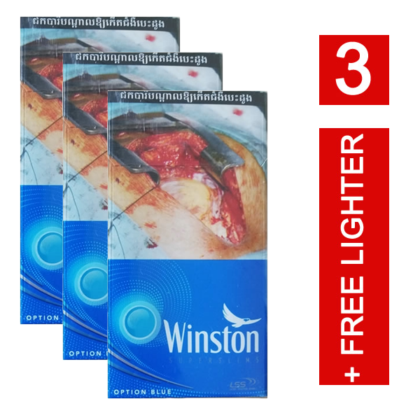 3 x Winston Option Blue Superslims + ភ្លើងបាច់ឥតគិតថ្លៃ
